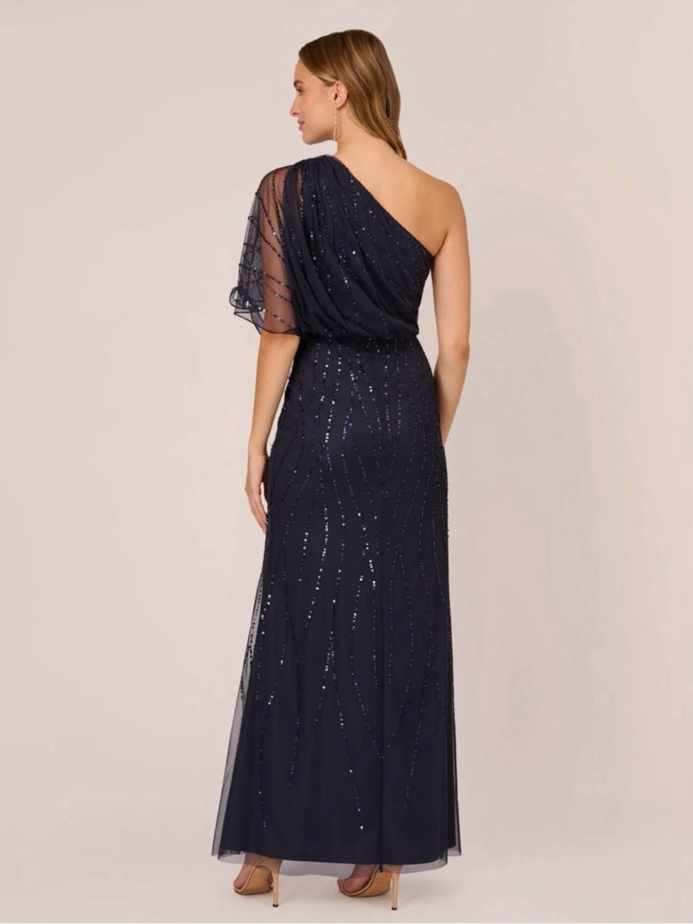 Adrianna Papell One-Shoulder Navy Sequin Evening Gown